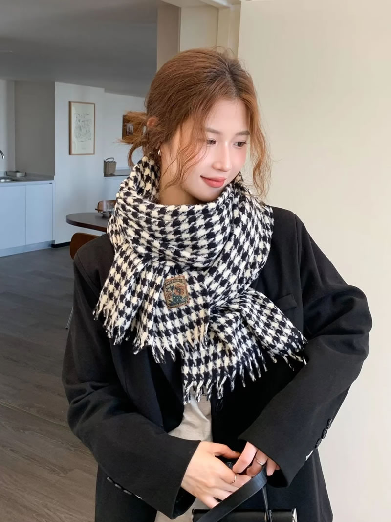 Fashion Coffee Color Faux Cashmere Houndstooth Fringed Scarf,knitting Wool Scaves