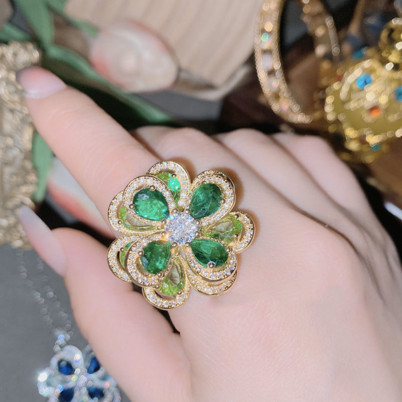 Fashion Ring 0386 Emerald Extra Large Copper Set Zirconium Flower Ring,Rings