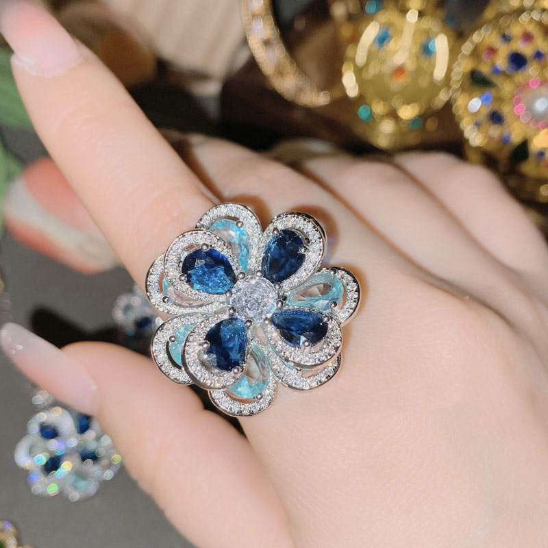 Fashion Ring 0386 Emerald Extra Large Copper Set Zirconium Flower Ring,Rings
