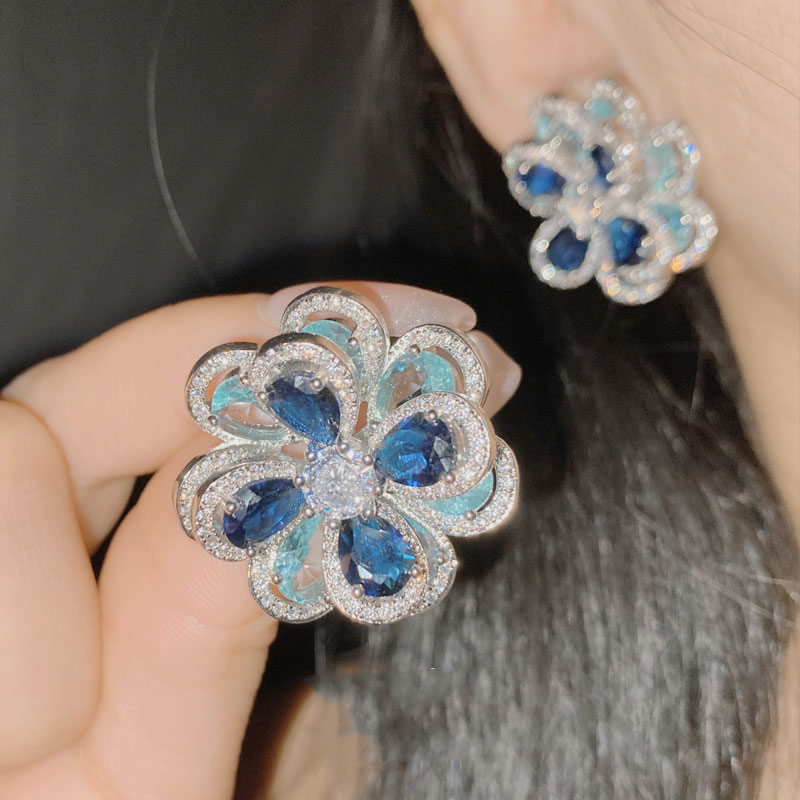 Fashion Earrings 0210 Blue Extra Large Copper Inlaid Zirconium Flower Stud Earrings,Earrings