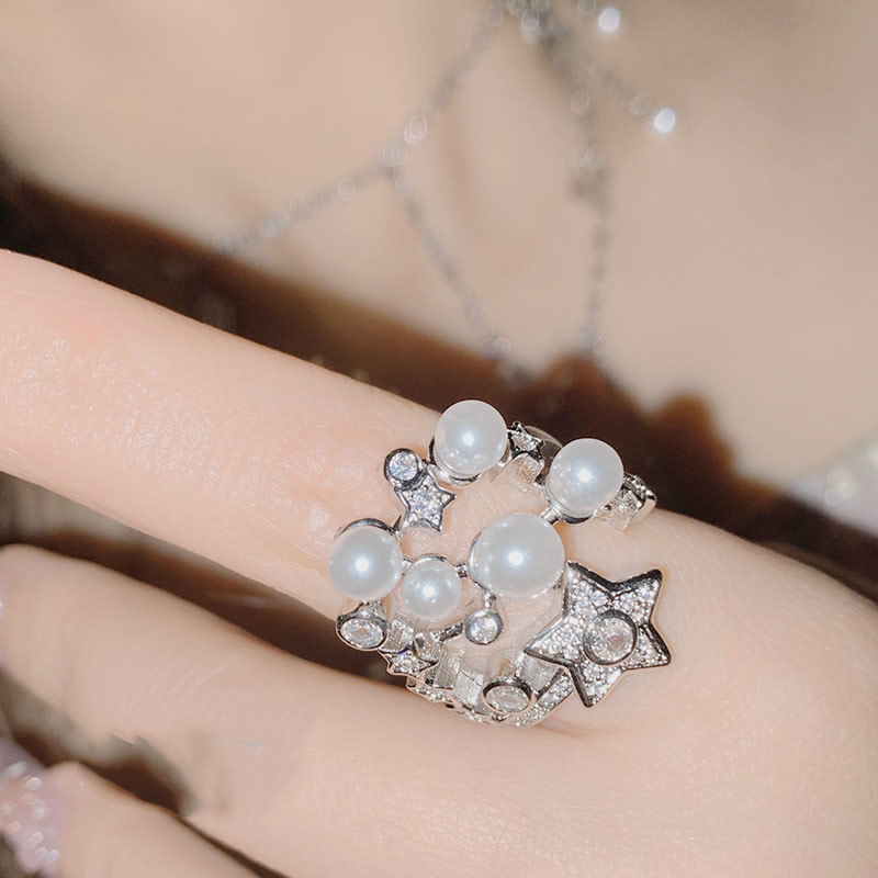 Fashion Ring 0619 Gypsophila Copper Set Zirconium Five-pointed Star Pearl Open Ring,Rings