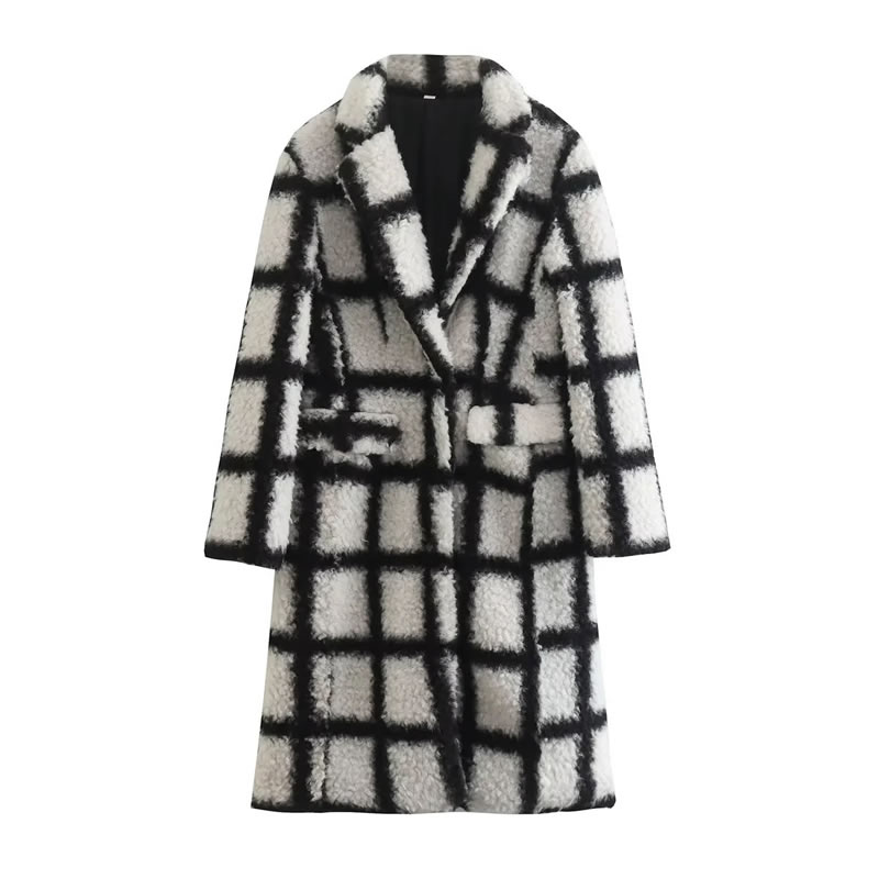 Fashion Black And White Grid Polyester Checked Lapel Jacket,Coat-Jacket