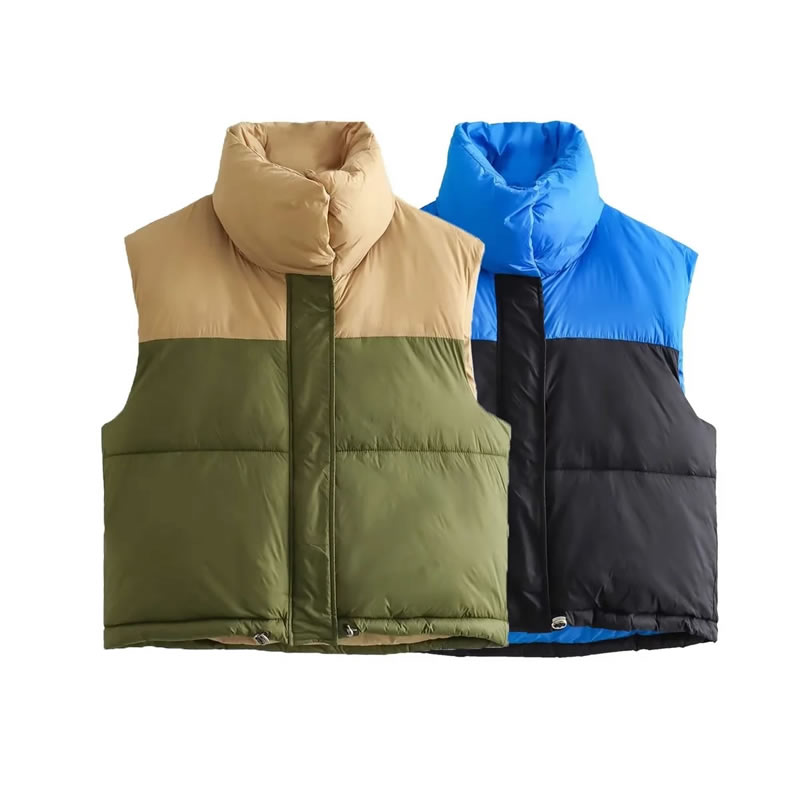 Fashion Khaki Military Green Polyester Contrast Stand Collar Vest,Coat-Jacket