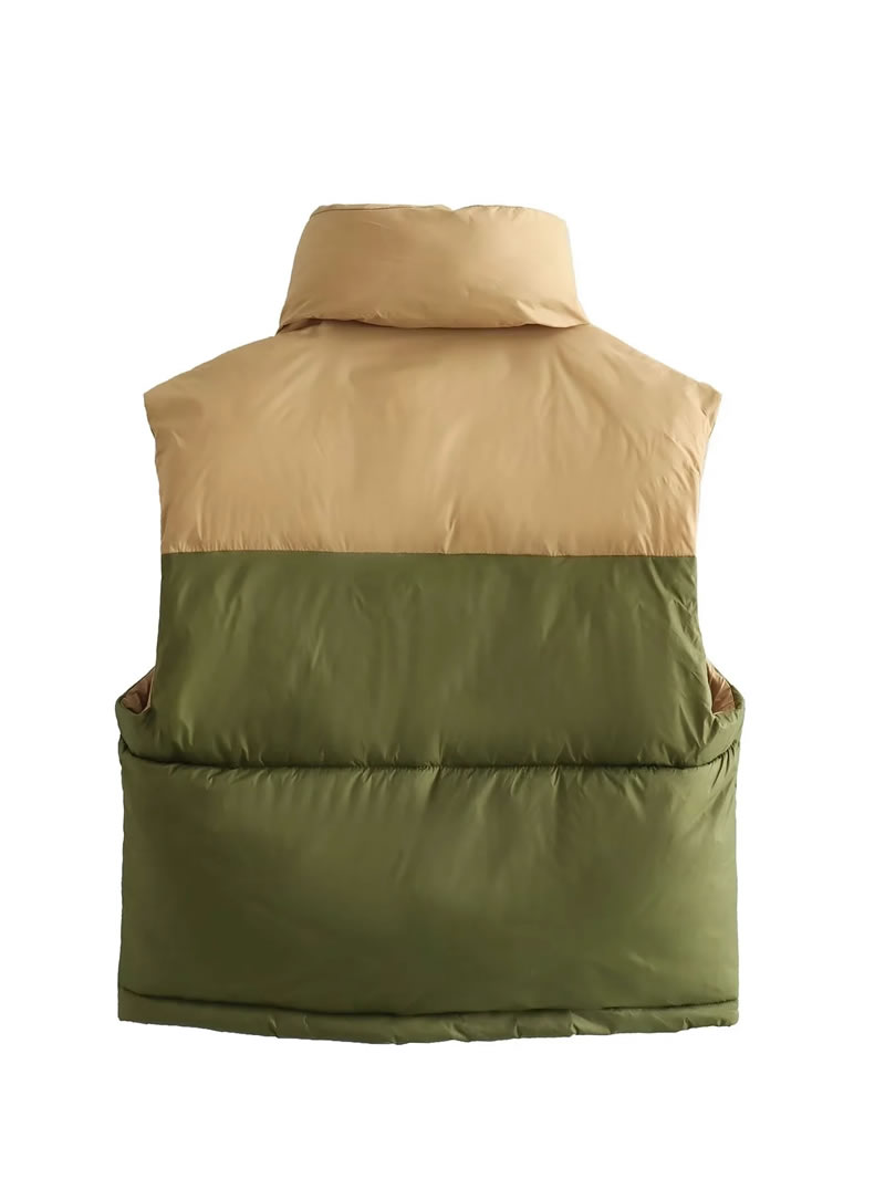 Fashion Khaki Military Green Polyester Contrast Stand Collar Vest,Coat-Jacket