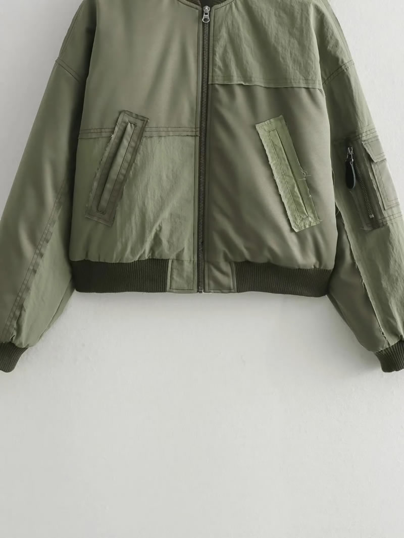 Fashion Green Polyester Patchwork Stand Collar Zipper Jacket,Coat-Jacket