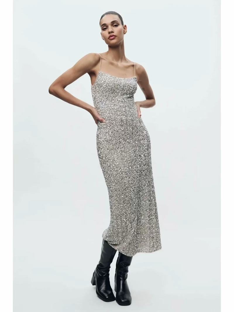 Fashion Silver Sequin Suspender Long Skirt,Long Dress