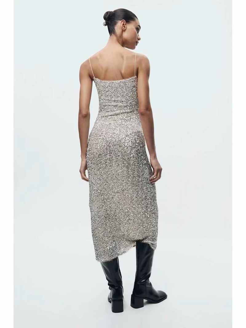 Fashion Silver Sequin Suspender Long Skirt,Long Dress