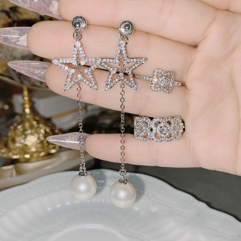 Fashion Earrings 0373 Lolita Copper Diamond Pentagram Pearl Earrings,Earrings