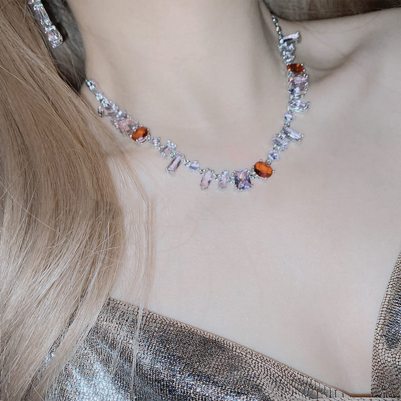 Fashion Necklace 0188 Sea Blue With Chain Copper Set Square Diamond Geometric Necklace,Necklaces