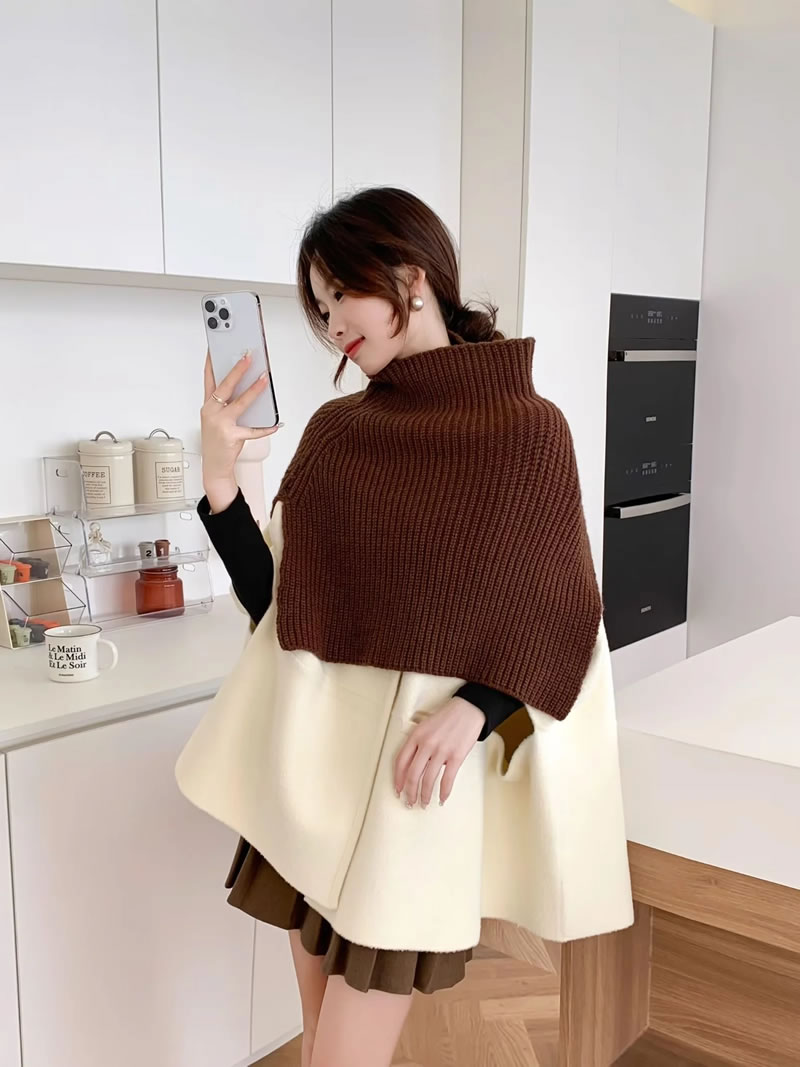 Fashion Beige Suede Knit Patchwork Cape,knitting Wool Scaves