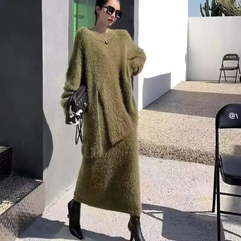 Fashion Army Green Blended Plush Crew Neck Sweater Skirt Suit,Sweater