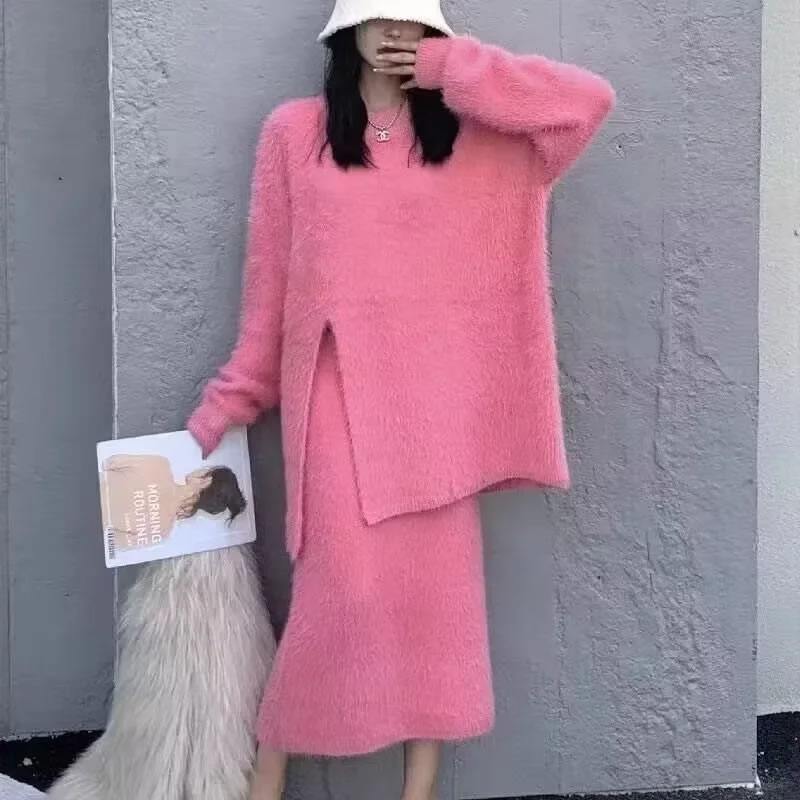Fashion Pink Blended Plush Crew Neck Sweater Skirt Suit,Sweater