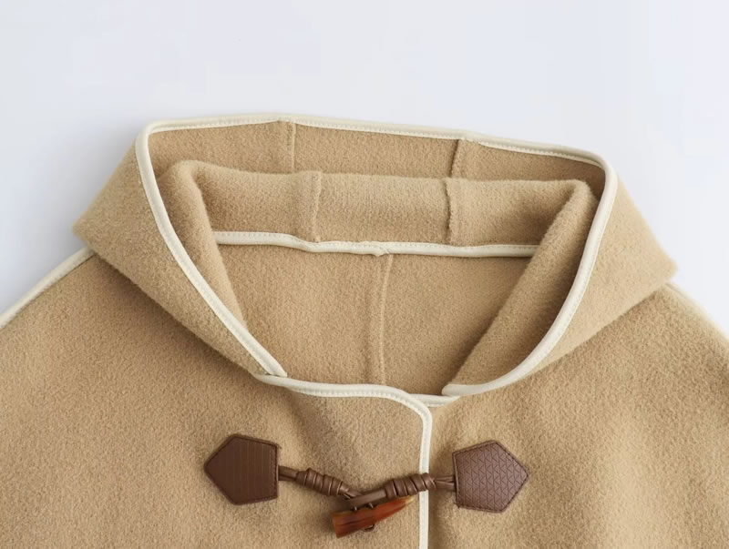 Fashion Khaki Suede Trimmed Horn Button Cape Jacket,knitting Wool Scaves