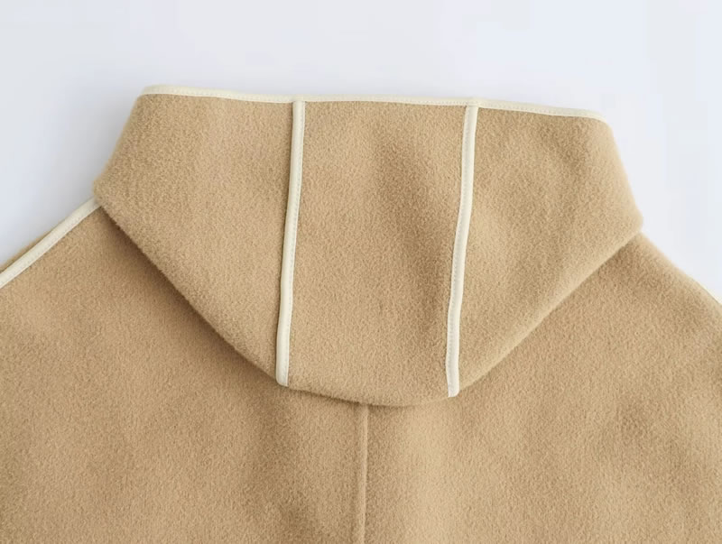 Fashion Khaki Suede Trimmed Horn Button Cape Jacket,knitting Wool Scaves