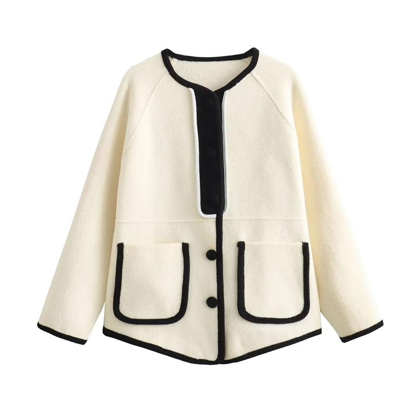Fashion White Suede Sided Round Neck Double Knit Jacket,Sweater