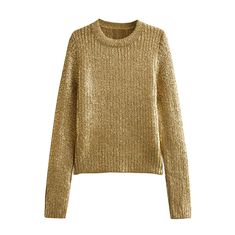 Fashion Gold Metallic Grained Knitted Crew Neck Sweater,Sweater