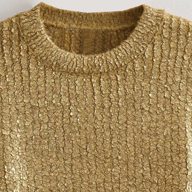 Fashion Gold Metallic Grained Knitted Crew Neck Sweater,Sweater
