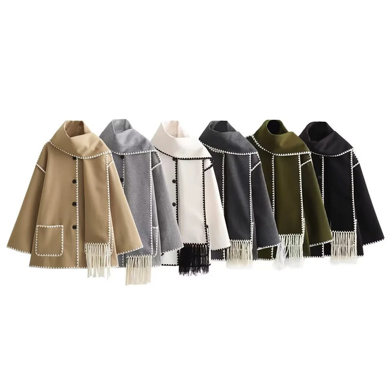 Fashion Army Green Woven Scarf Paneled Buttoned Jacket,Coat-Jacket