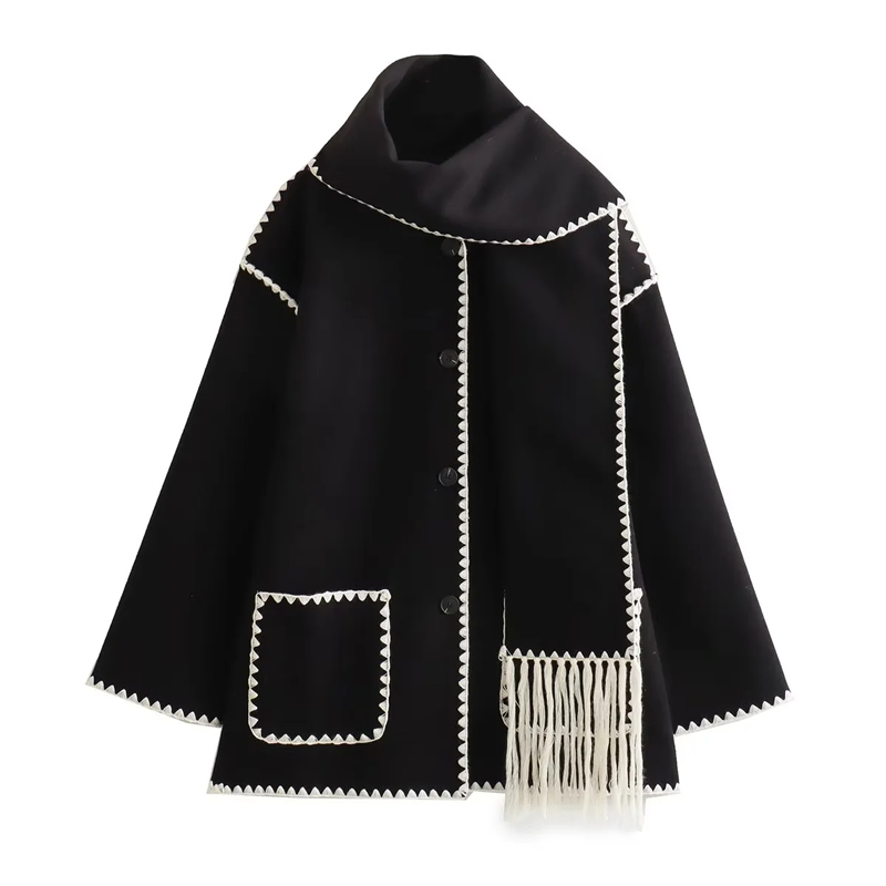 Fashion Black Woven Scarf Paneled Buttoned Jacket,Coat-Jacket