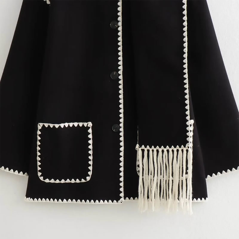 Fashion Black Woven Scarf Paneled Buttoned Jacket,Coat-Jacket