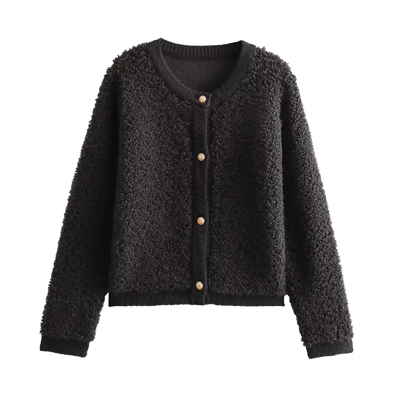 Fashion Black French Terry Knitted Buttoned Jacket,Coat-Jacket
