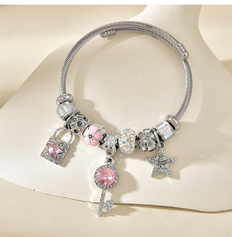 Fashion Silver Copper Inlaid Zirconium Oil Drop Flower Key Lock Pendant Beaded Bracelet,Bracelets