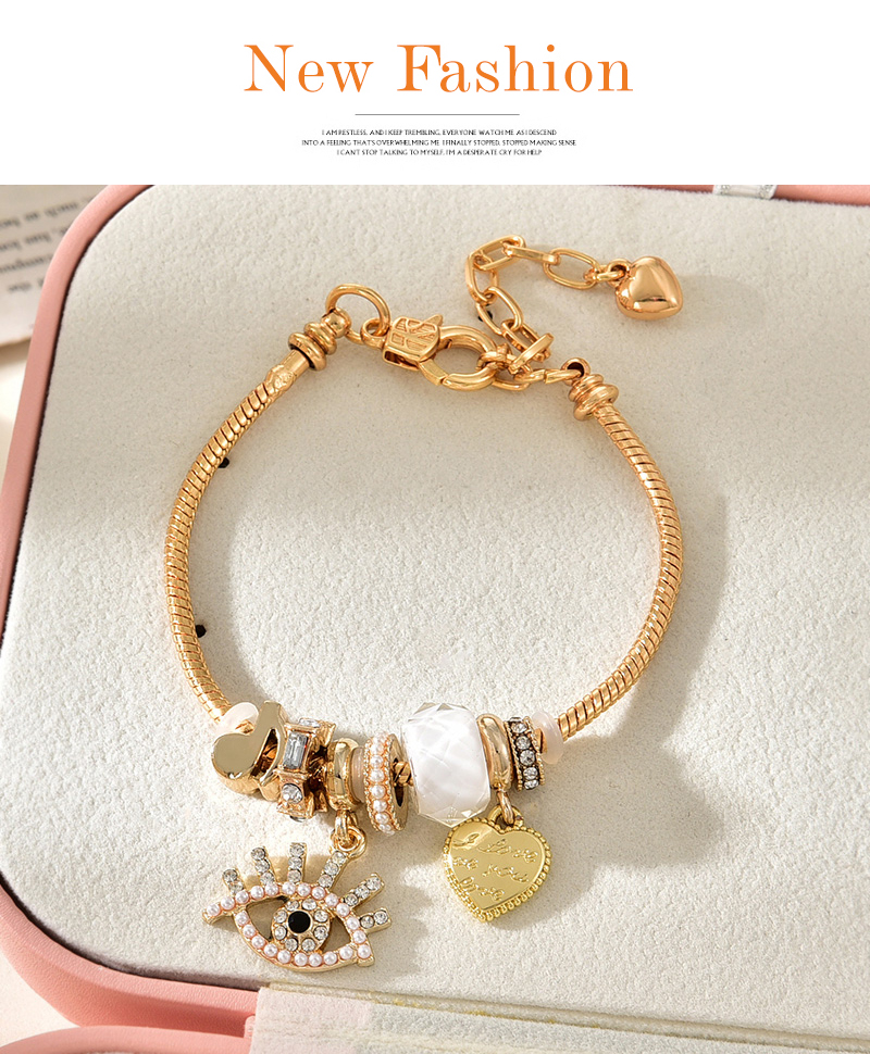 Fashion Gold Copper Inlaid Zirconium Pearl Eye Love Pendant Beaded Bracelet,Bracelets