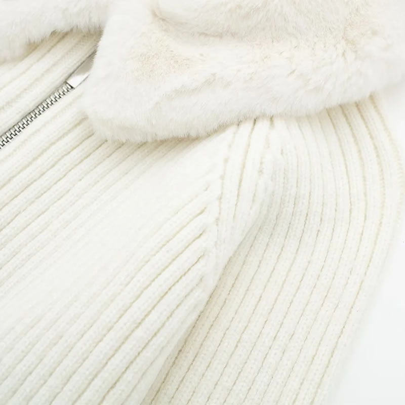 Fashion White Fur Lapel Knitted Sweater,Sweater