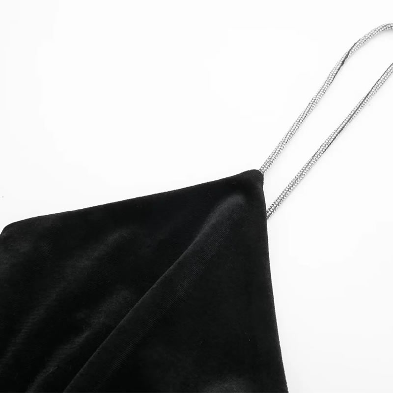 Fashion Black Velvet Suspender Pleated Dress,Long Dress