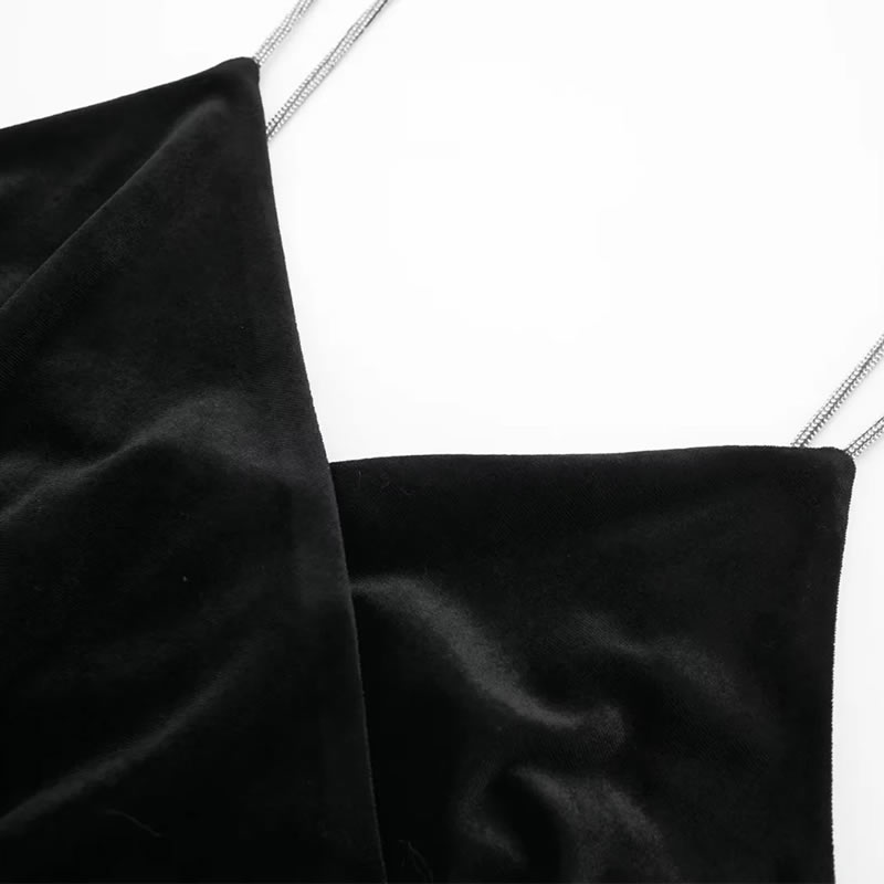 Fashion Black Velvet Suspender Pleated Dress,Long Dress