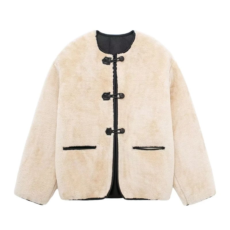 Fashion Off-white Faux Fur Paneled Crew Neck Jacket,Coat-Jacket