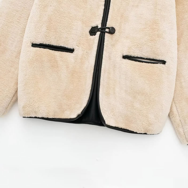Fashion Off-white Faux Fur Paneled Crew Neck Jacket,Coat-Jacket