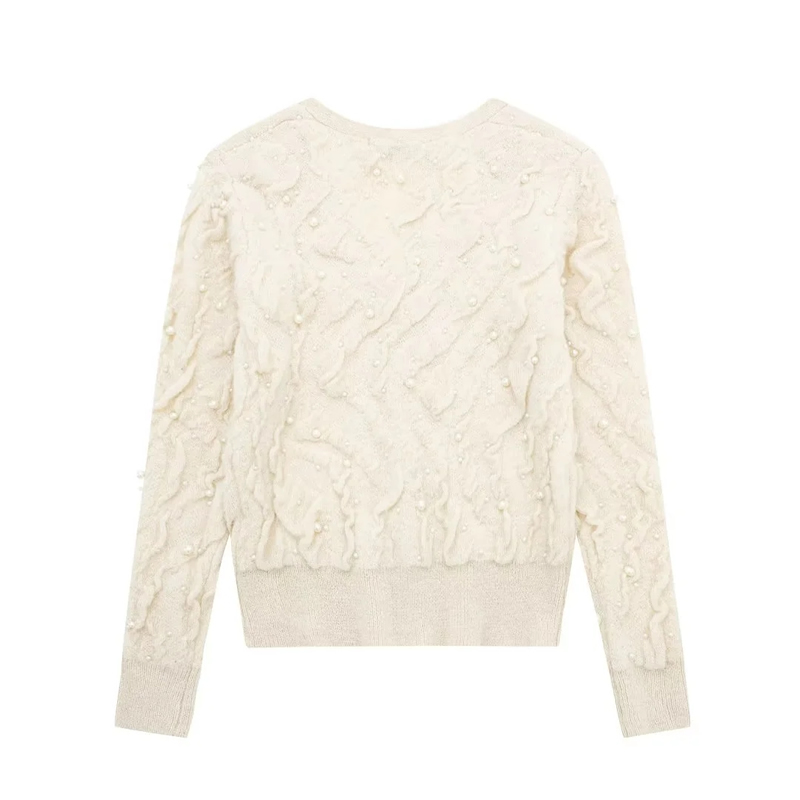 Fashion Off-white Pearl-embellished Textured-knit Cardigan,Sweater