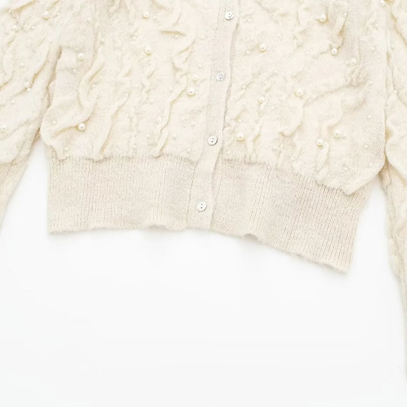 Fashion Off-white Pearl-embellished Textured-knit Cardigan,Sweater