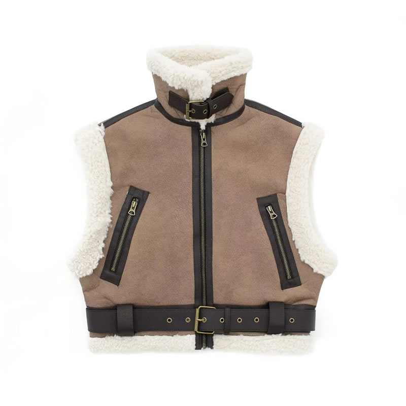 Fashion Brown Blended Lapel Vest Jacket,Coat-Jacket