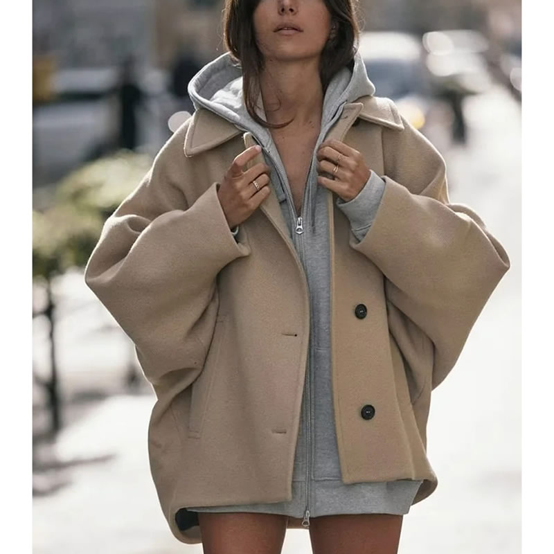 Fashion Khaki Wool-blend Buttoned Lapel Coat,Coat-Jacket