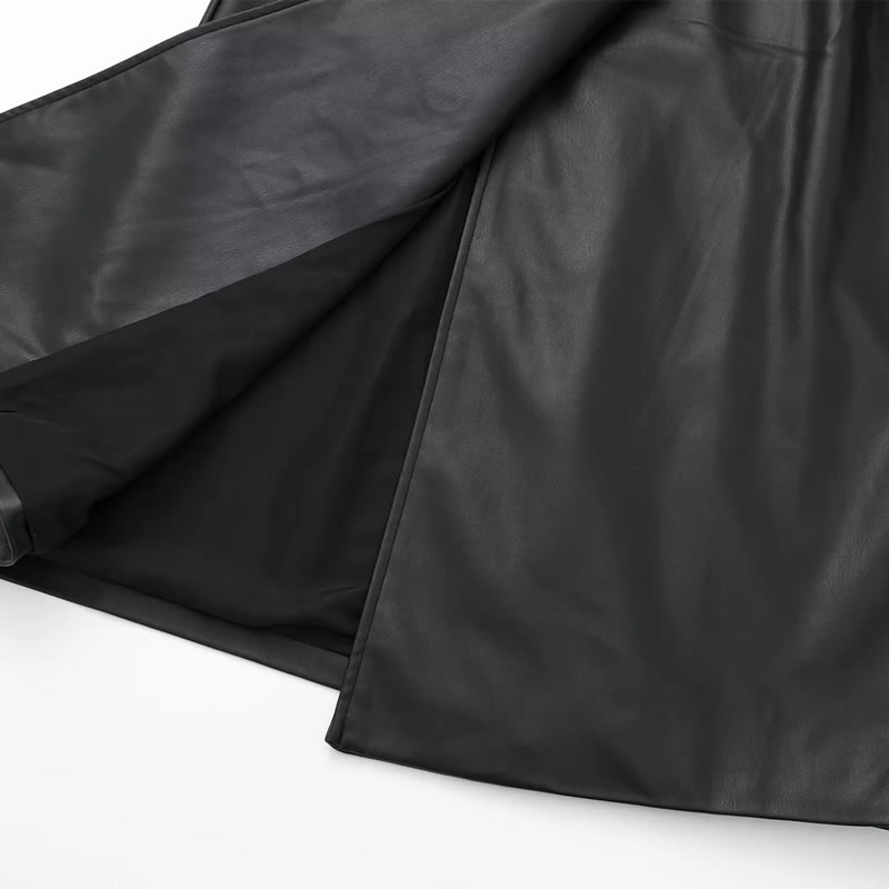 Fashion Black Leather Lapel Double-breasted Coat,Coat-Jacket