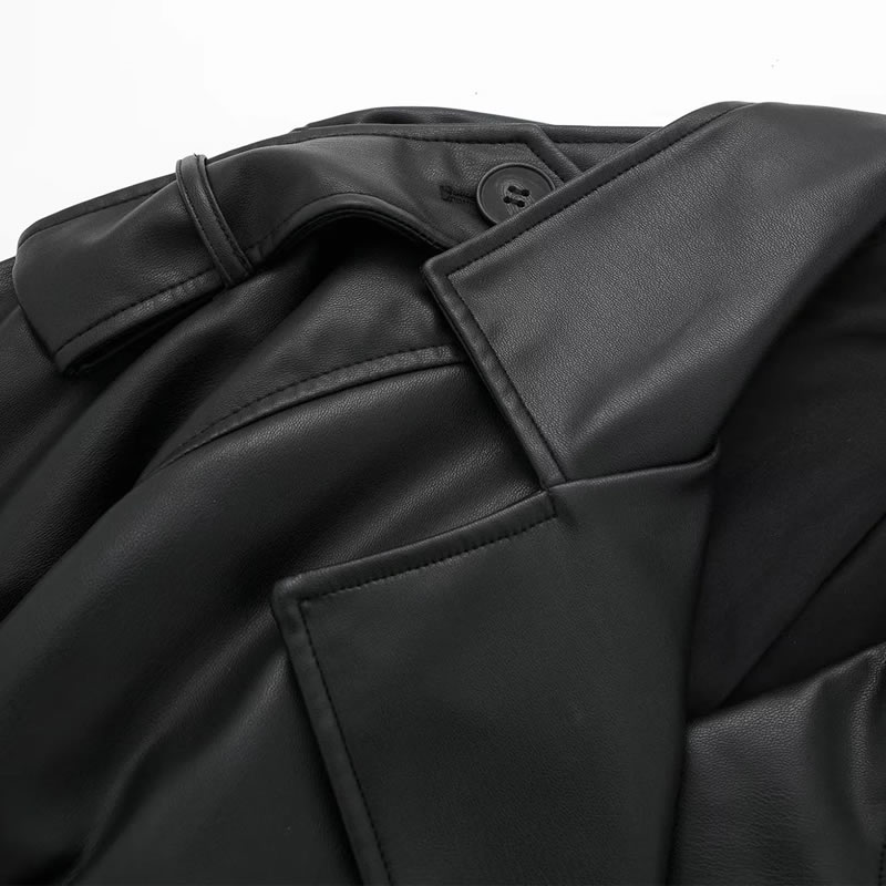 Fashion Black Leather Lapel Double-breasted Coat,Coat-Jacket