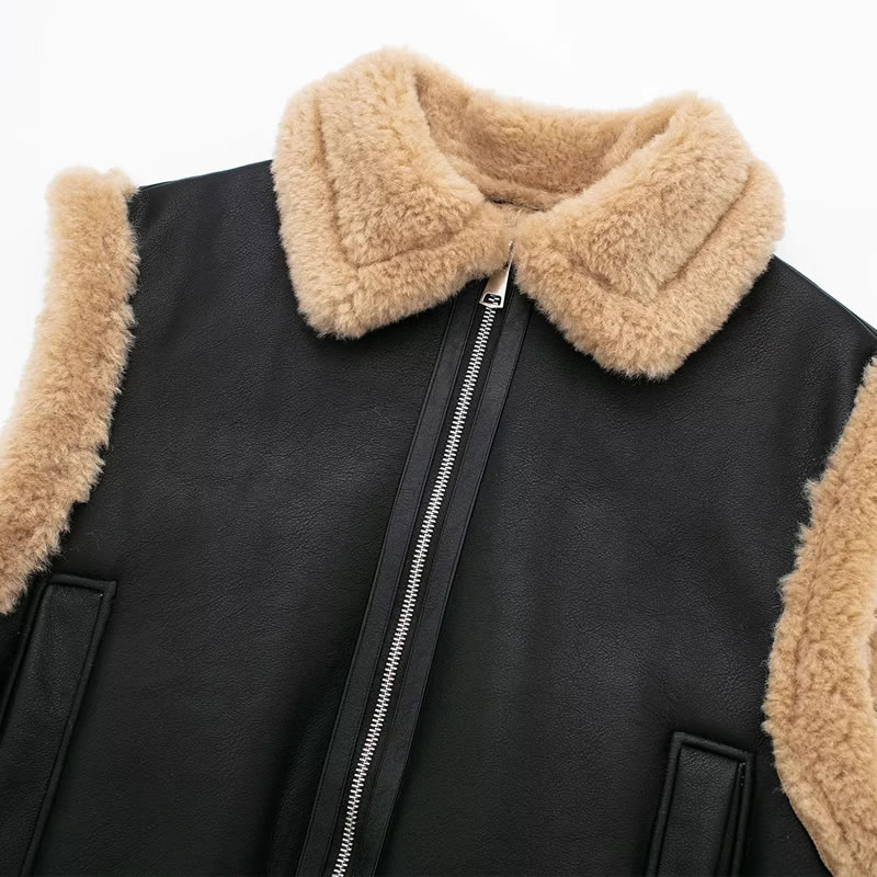 Fashion Black Blended Lapel Zipped Vest Jacket,Coat-Jacket