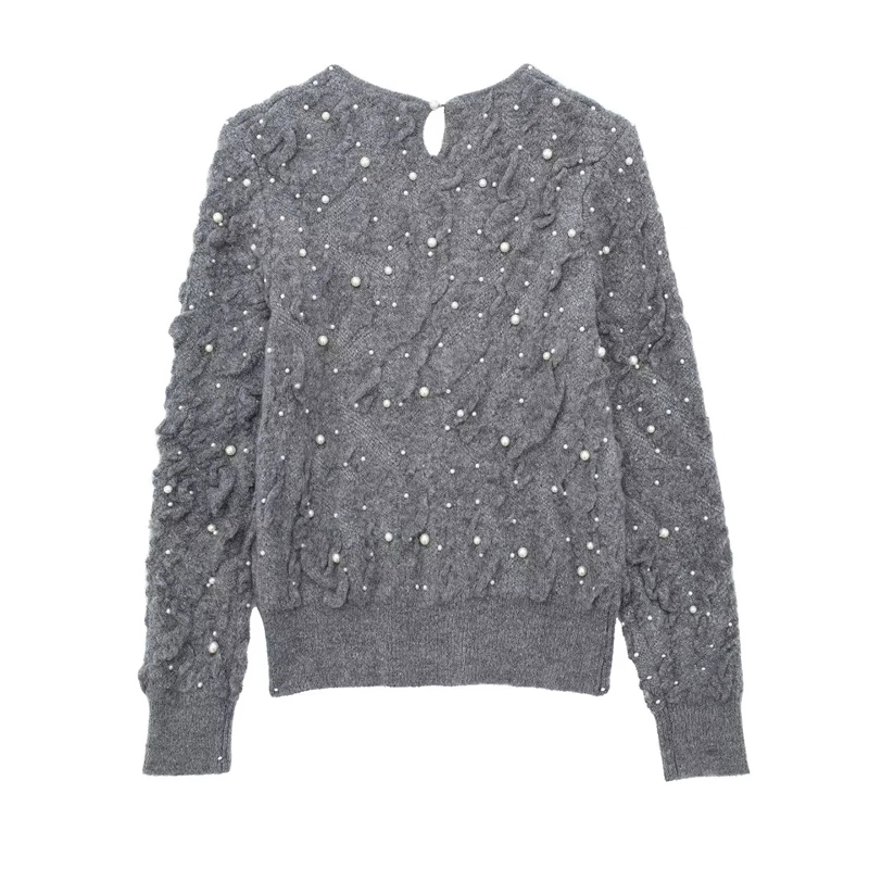 Fashion Grey Pearl-embellished Textured-knit Sweater,Sweater