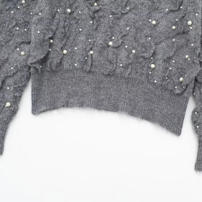 Fashion Grey Pearl-embellished Textured-knit Sweater,Sweater