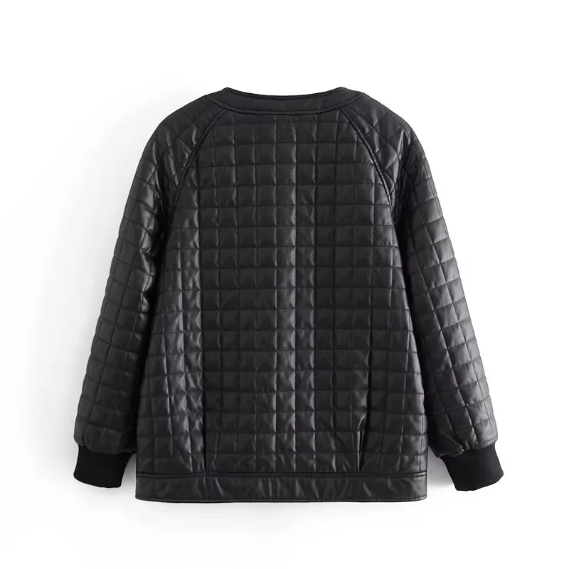 Fashion Black Leather Plaid Buttoned Crew Neck Jacket,Coat-Jacket