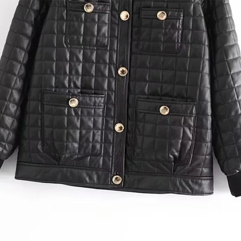 Fashion Black Leather Plaid Buttoned Crew Neck Jacket,Coat-Jacket