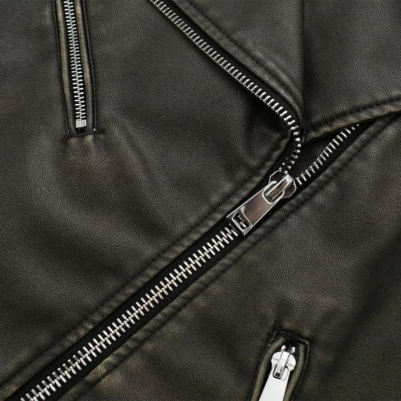 Fashion Black Leather Multi-zip Lapel Jacket,Coat-Jacket