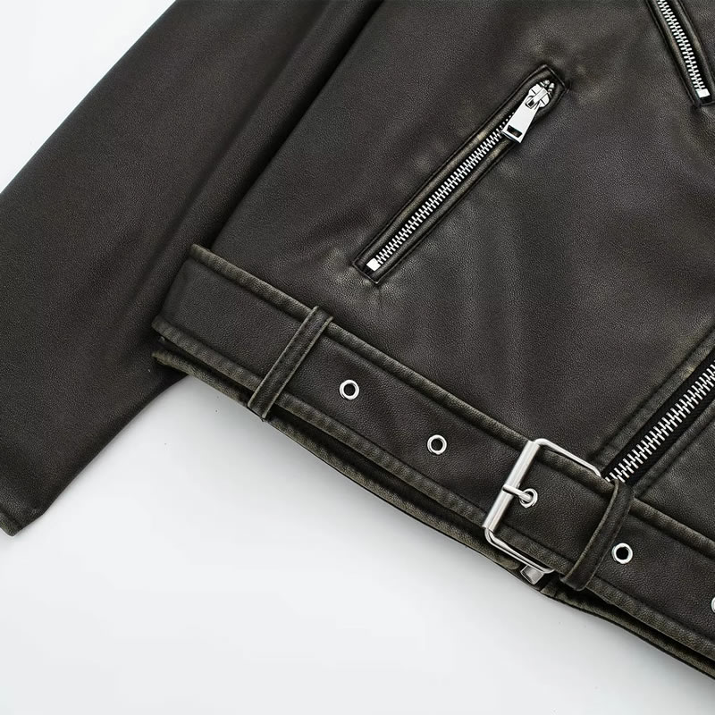 Fashion Black Leather Multi-zip Lapel Jacket,Coat-Jacket