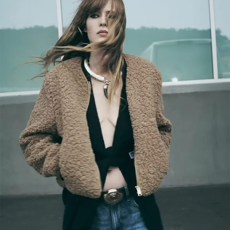 Fashion Khaki Lambskin-blend Zip-up Jacket,Coat-Jacket
