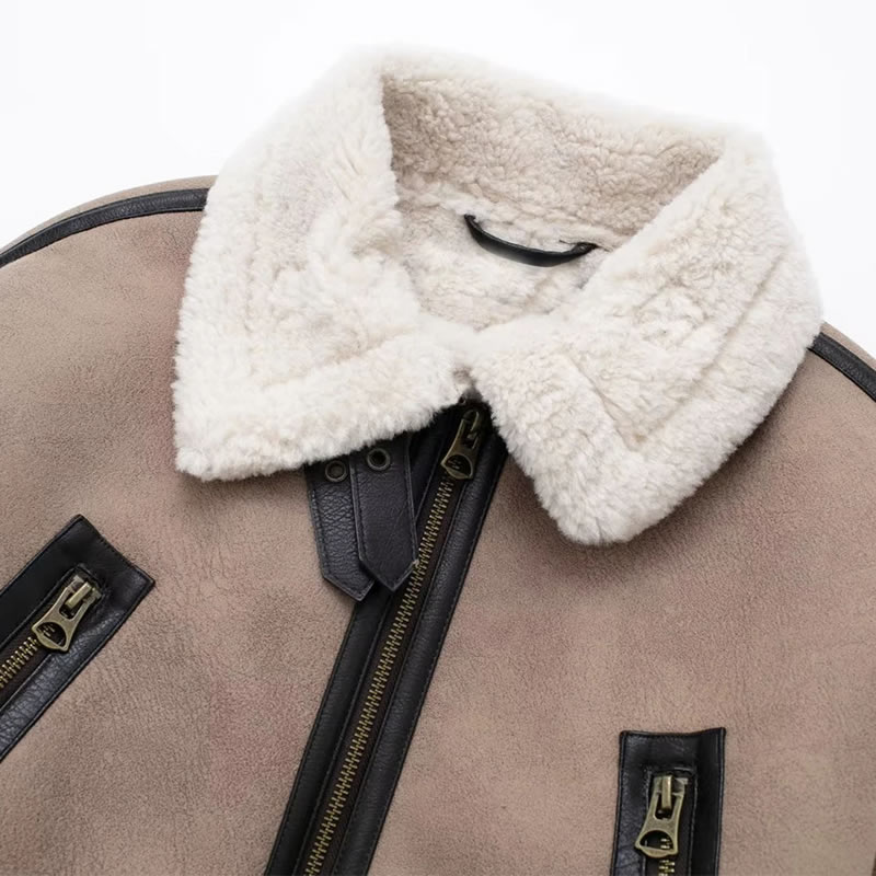 Fashion Leather Powder Blended Lapel Double-zip Jacket,Coat-Jacket