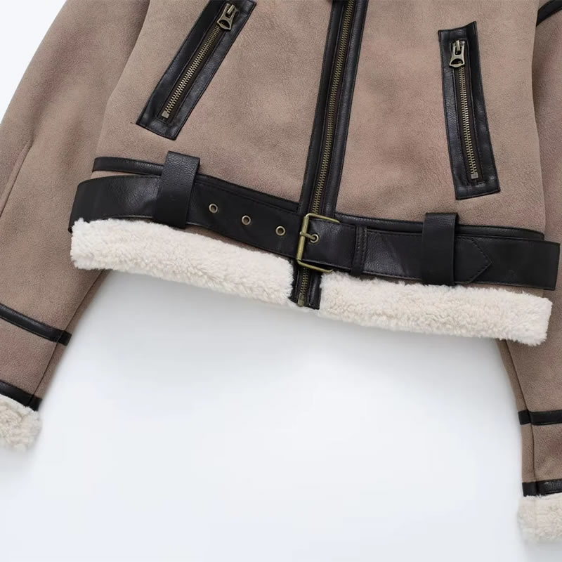 Fashion Leather Powder Blended Lapel Double-zip Jacket,Coat-Jacket