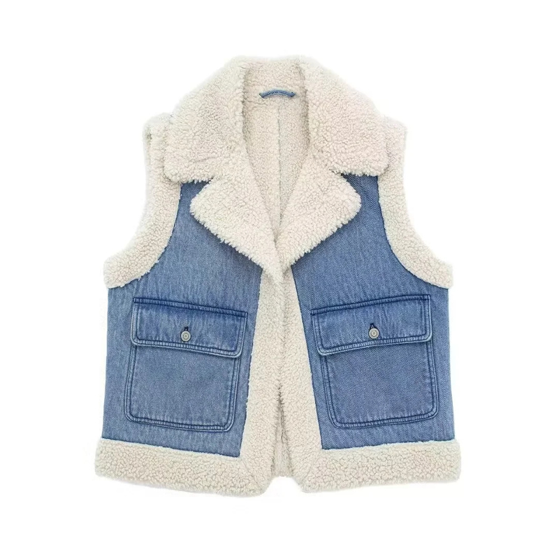 Fashion Light Blue Blended Plush Lapel Double-pocket Vest Jacket,Coat-Jacket