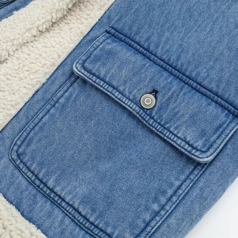 Fashion Light Blue Blended Plush Lapel Double-pocket Vest Jacket,Coat-Jacket